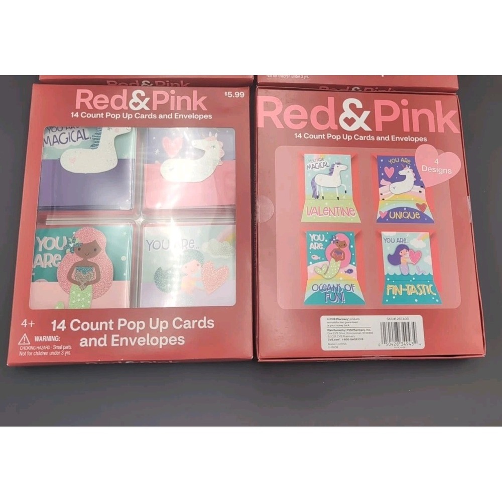 Red & Pink Pop Up Cards & Envelopes Unicorn mermaid Lot of 2 Boxes 28 Valentines